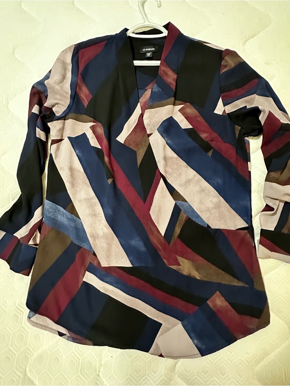 Blue Multi-Color Geometric V-Neck Women's Top
